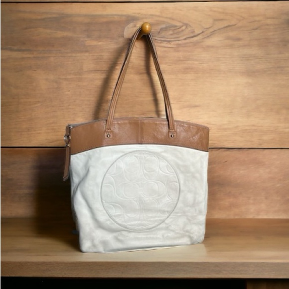 Coach: White & Brown Leather “Laura” Tote